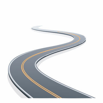 A winding road curves and disappears into the distance, isolated on white.