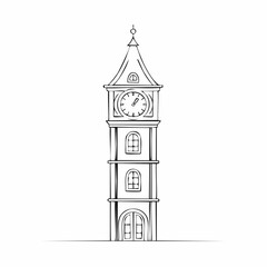 Naklejka premium Simple line drawing of a tall clock tower with a detailed clock face.