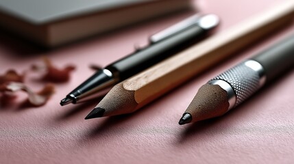 Writing Instruments Pencil Pen and Mechanical Pencil on Soft Pink Background