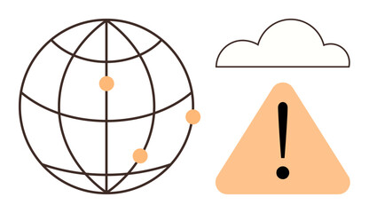 Globe with orange connection points, hazard triangle with exclamation mark, and cloud depicting global network issues. Ideal for security, networking, technology, cloud computing, internet