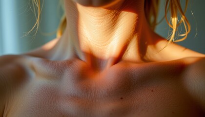 Meditation for new mothers concept. Soft skin illuminated by sunlight, highlighting natural textures and contours.