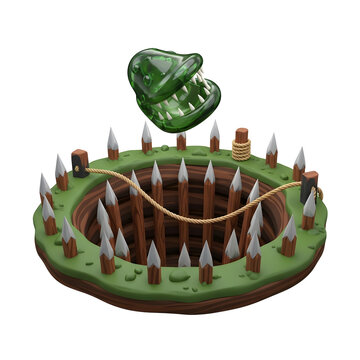 Conceptual illustration featuring a menacing green plant creature hovering above a spiked pit against a black background.