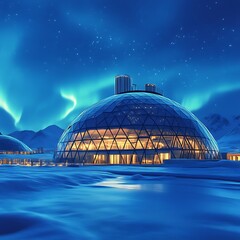 Fototapeta premium Arctic dome hotel under vibrant night sky