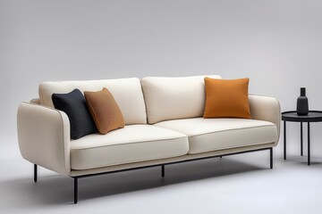 Fototapeta premium Light beige fabric three-seater sofa with metal legs and black side tables in modern minimalist and American country-style living room with amber yellow and blue-green tones