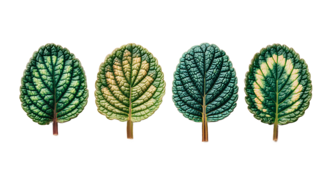 Four Green And Yellow Leaves On A Dark Background