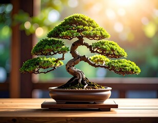 Japanese bonsai tree art on wood table