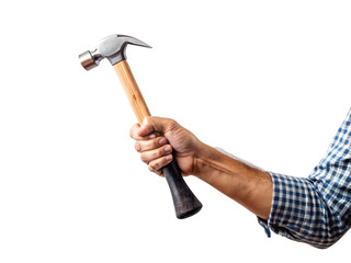 man hand holding hammer isolated on a transparent background
