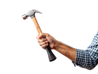 man hand holding hammer isolated on a transparent background