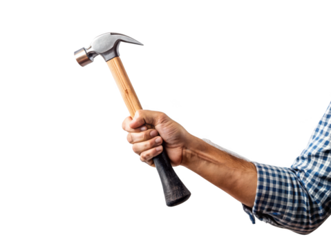 man hand holding hammer isolated on a transparent background