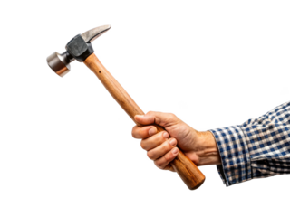 man hand holding hammer isolated on a transparent background