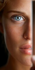 Extreme close up of a woman's left eye and lips highlighting skin texture and a blue iris
