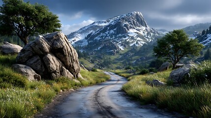 A remote highway with patches of melting snow, transitioning into green meadows, cloudy spring sky overhead.