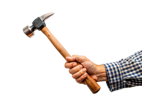 man hand holding hammer isolated on a transparent background - Powered by Adobe
