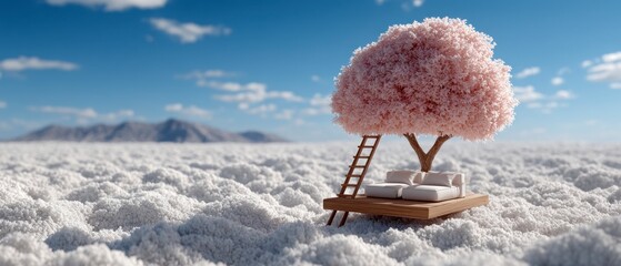 Pink blooming tree on a wooden platform with a sofa and ladder on a white fluffy landscape