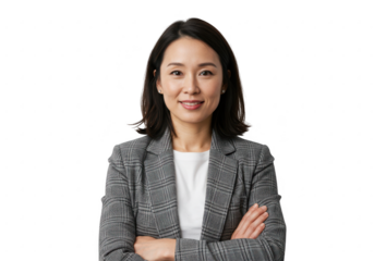 Confident asian businesswoman with arms crossed smiling isolated on transparent background