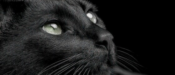 Close up profile of a black cat's face with striking green eyes and white whiskers against a dark background