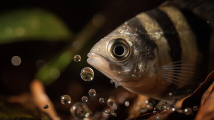 Archerfish spitting water droplet, dynamic splash captured in crisp detail, tropical river background softly blurred, intense focus on fish and water
