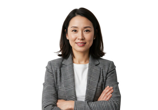 Confident asian businesswoman with arms crossed smiling isolated on transparent background