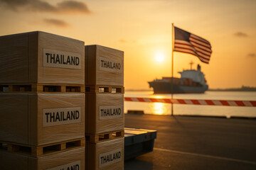 Trade Winds: Cargo crates from Thailand symbolize international trade and the flow of goods. A vessel, US flag at golden sunset