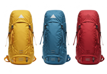 Three colorful hiking backpacks isolated on transparent background