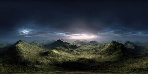Panoramic view of a mountain range, stormy sky with rainbow