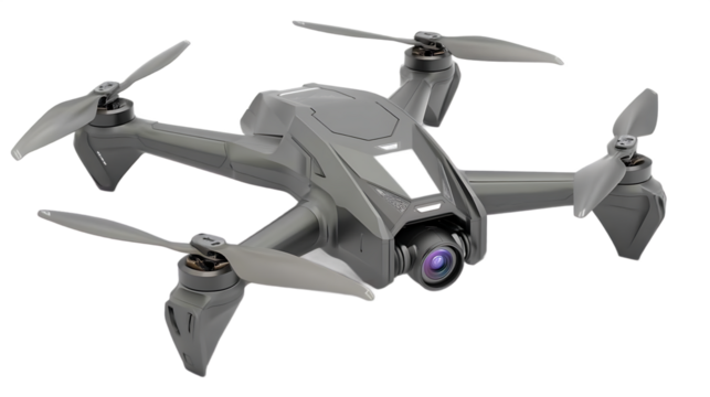 Gray Quadcopter Drone with Camera on Transparent Background