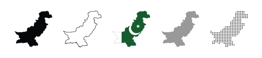 Pakistan map with flag illustration. Different variations of national map of pakistan. Dotted and Grayscale map of pakistan.