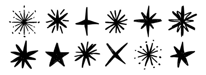 Black crayon hand drawn stars set. Childish doodled sparks and sparkles collection. Grunge rough brush stroke starry element pack for collage, poster, sticker. Pencil sketched shine symbols. Vector © vika_k
