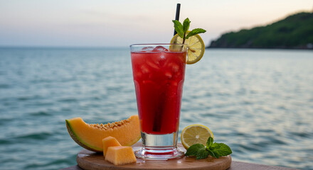 Obraz premium A vibrant red cocktail with citrus garnish sits on a beachside table with a view of the ocean at sunset. A perfect vacation or tropical lifestyle image.