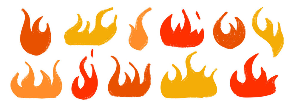 Colored hand drawn fire shape set. Crayon sketch burning flame collection. Red, yellow chalk grunge elements pack. Pastel pencil doodle bundle for collage, sticker, poster, banner. Vector illustration