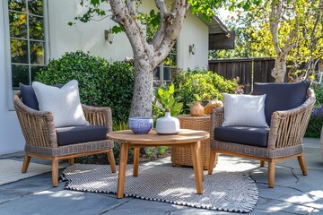 Obraz premium Scandinavian style outdoor patio set with teak wood chairs and wicker table in a minimalist garden setting