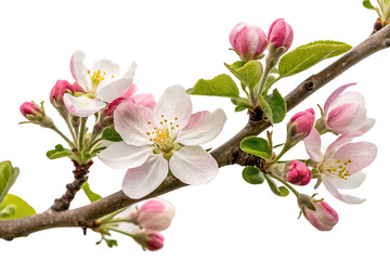 Obraz premium Apple tree branch with delicate pink and white blooming flowers and buds isolated on a transparent background 1