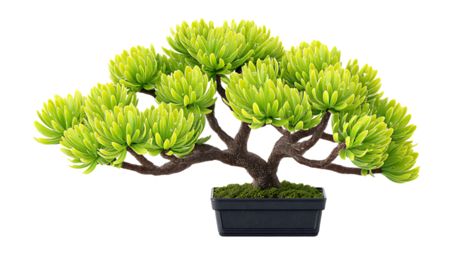 Green Bonsai Tree In Black Pot On White Background