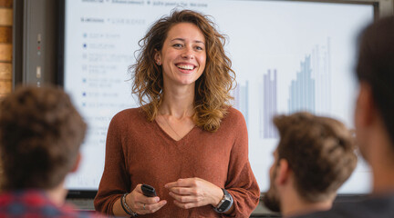 A smiling woman presents charts on a screen to a group of students. Educational environment promoting learning and engagement in class.