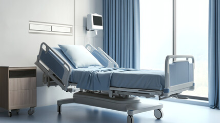 Hospital Room with a Blue Bed and Medical Equipment under Natural Light