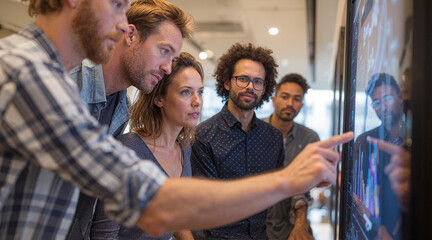 Diverse group collaborating over data charts on a monitor, pointing and analyzing information together for a project update.