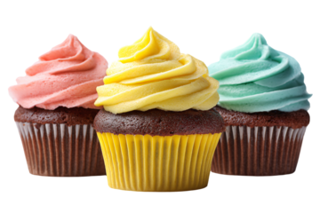 3D Render three cupcakes with different colored frosting on them