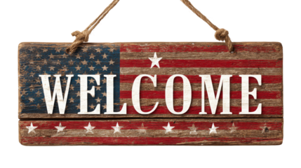 Welcome sign displays American flag design on wooden plank with star shapes and ropes.