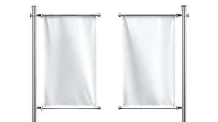 Two vertical white banner flags hang on metallic poles isolated on transparent background.