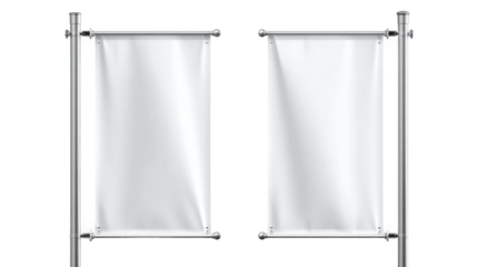 Two vertical white banner flags hang on metallic poles isolated on transparent background.