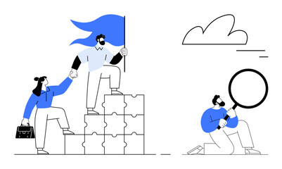 Group teamwork symbolized by a leader holding a flag, guiding a colleague over puzzle blocks, and another inspecting with a magnifying glass. Ideal for teamwork, problem-solving, guidance