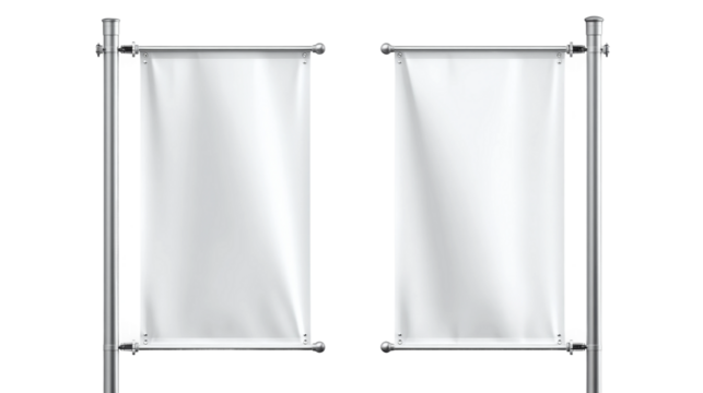 Two vertical white banner flags hang on metallic poles isolated on transparent background. - Powered by Adobe