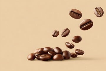 Flying roasted coffee beans falling onto a pile on beige background
