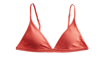 Triangle bikini top with thin shoulder straps is shown isolated on transparent background.
