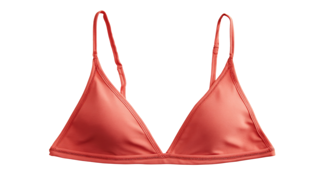 Triangle bikini top with thin shoulder straps is shown isolated on transparent background.