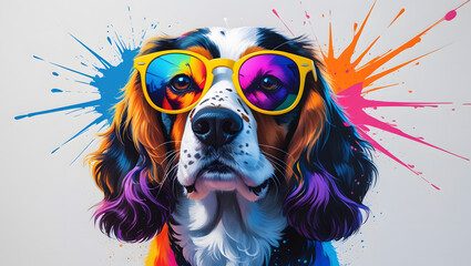Colorful Cocker Spaniel Dog with Paint Splashes and Sunglasses – Fun Digital Art Illustration
