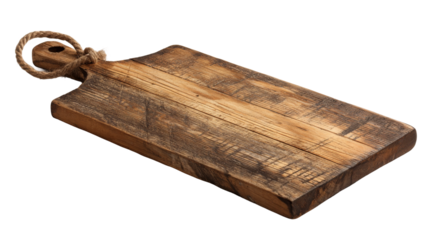 Rustic wooden cutting board with rope handle is isolated on transparent backdrop.
