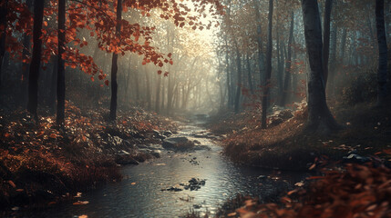 Fototapeta premium Stream through autumn woods for wallpaper