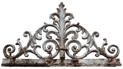 Ornate rusted metal scrollwork is isolated against a transparent background.