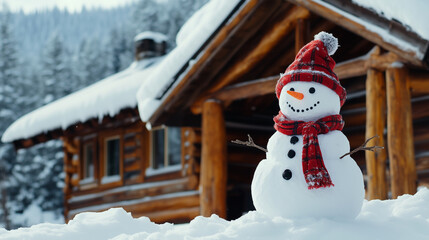 Obraz premium Snowman near cabin for christmas wallpaper